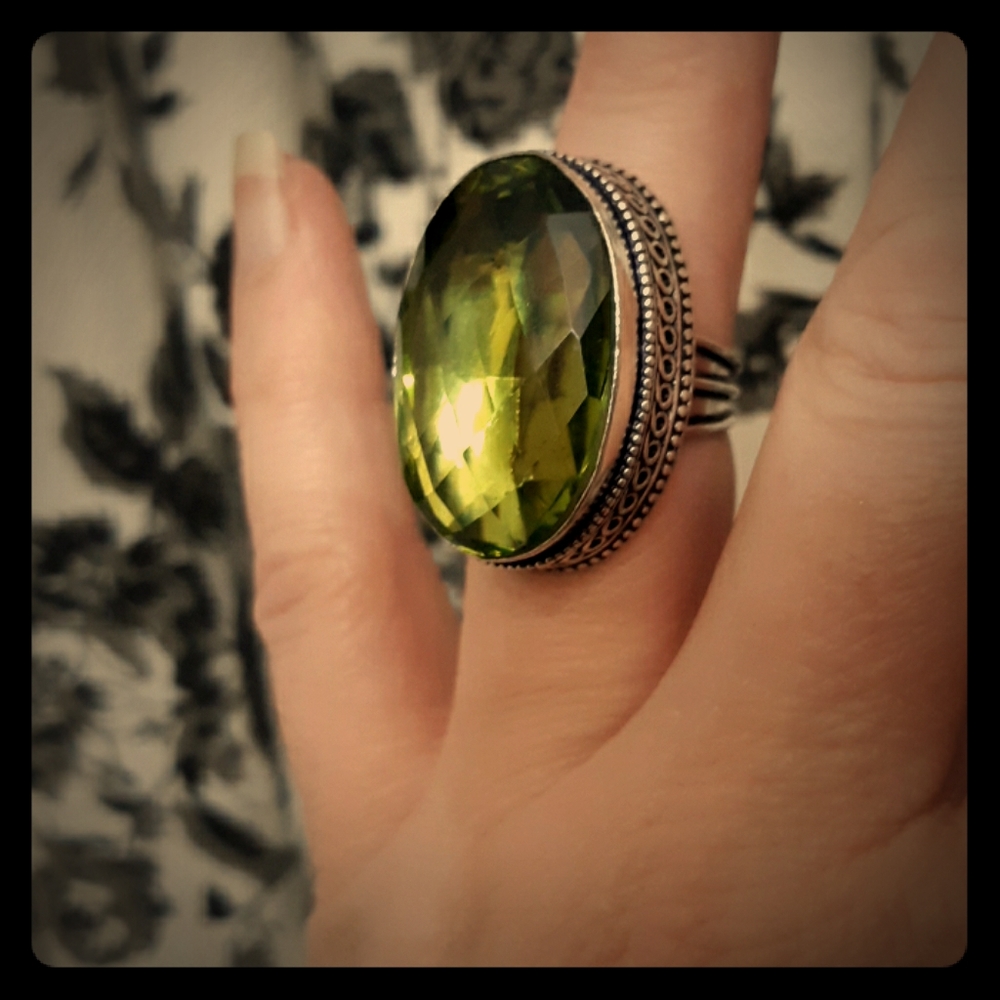 New Green Amethyst 925 Silver Statement Ring.